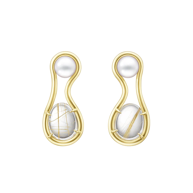 「TASAKI NICCOLÒ PASQUALETTI」フルイド イヤリング［18K イエローゴールド、あこや真珠、ルチルクォーツ］