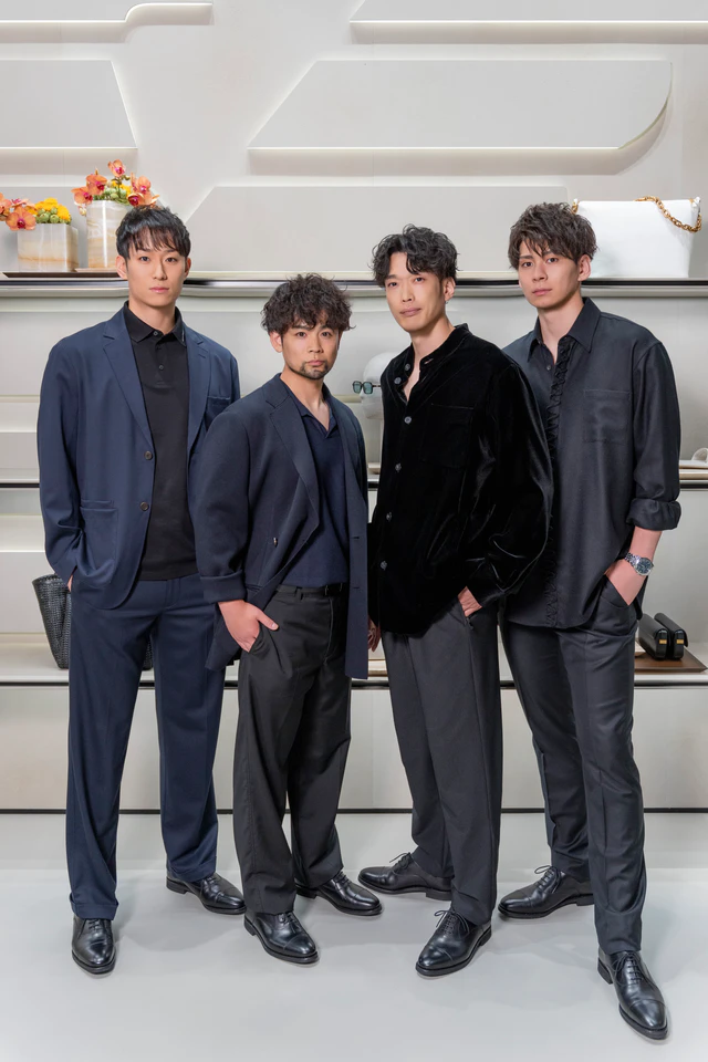 エンポリオアルマーニ銀座店オープンレセプションの東京グレートベアーズの柳田将洋さん、古賀太一郎さん、深津旭弘さん、戸嵜嵩大さん