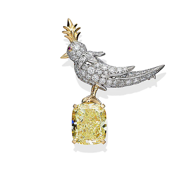 ティファニー TIFFANY & CO. Jean Schlumberger by Tiffany & Co. Bird on a Rock brooch in platinum and 18k yellow gold with a Fancy Intense Yellow diamond of over 11 carats, white diamonds and a pink sapphire