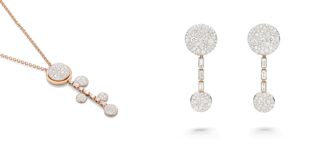 ポメラート ローズゴールドにバゲットカットとブリリアントカットのダイヤモンドがあしらわれた「サッビア」ネックレスとイヤリング