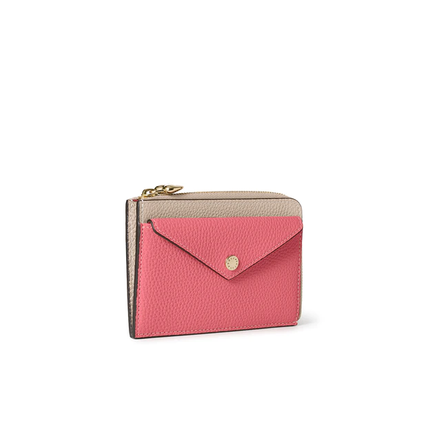 ボナベンチュラ バレンタイン限定コレクション エンベロープ ミニジップ ウォレット シュリンクレザー グレージュ×アザレピンク