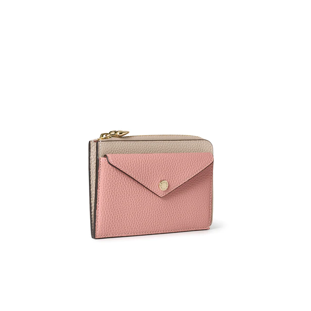 ボナベンチュラ バレンタイン限定コレクション エンベロープ ミニジップ ウォレット シュリンクレザー グレージュ×コーラルピンク