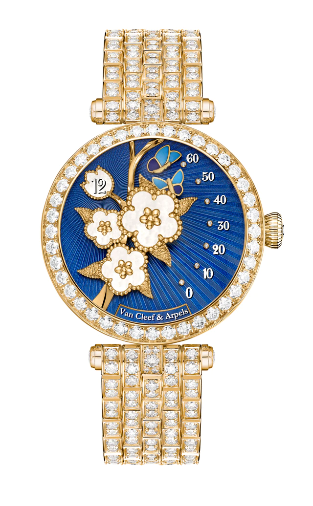 ヴァン クリーフ＆アーペル レディ ラッキー スプリング パピヨン ウォッチ（イエローゴールド、エナメル、ホワイト マザーオブパール、ダイヤモンド、レトログラード分表示とジャンピングアワー機構を備えた自動巻き機械式ムーブメント）