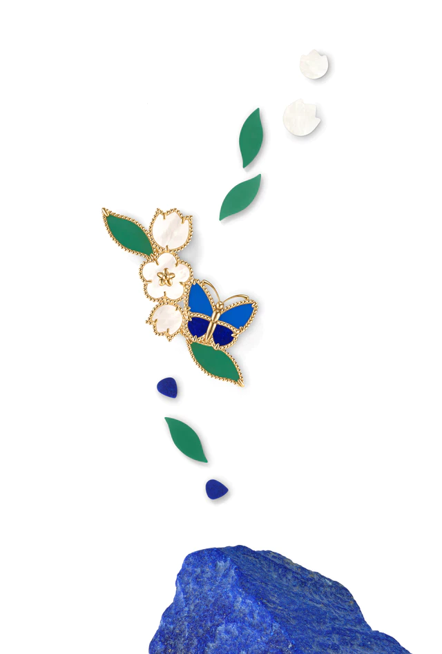 ヴァン クリーフ＆アーペル ラッキー スプリング パピヨン クリップ（イエローゴールド、ラピスラズリ、ブルーアゲート、グリーンアゲート、ホワイト マザーオブパール）
