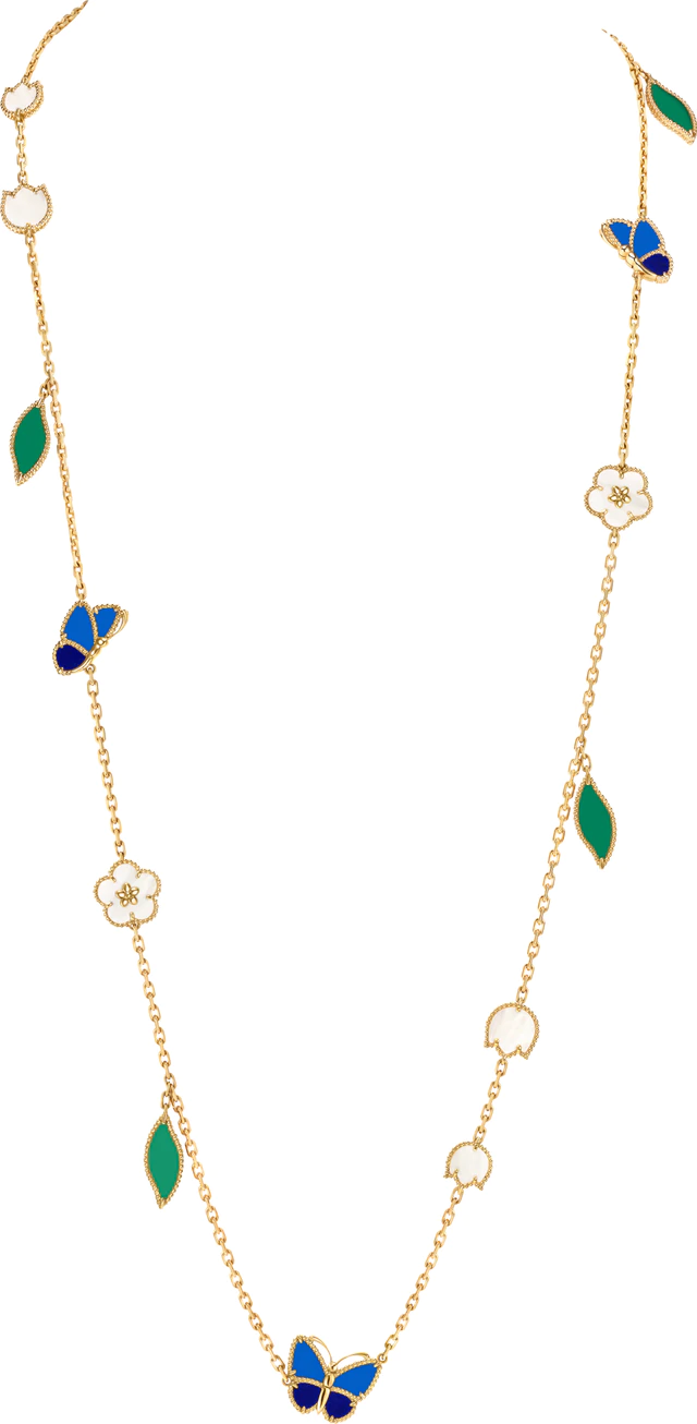 ヴァン クリーフ＆アーペル ラッキー スプリング パピヨン ロングネックレス、15モチーフ（イエローゴールド、ラピスラズリ、ブルーアゲート、グリーンアゲート、ホワイト マザーオブパール）