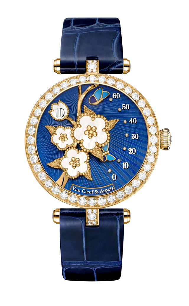 ヴァン クリーフ＆アーペル レディ ラッキー スプリング パピヨン ウォッチ（イエローゴールド、エナメル、ホワイト マザーオブパール、ダイヤモンド、レトログラード分表示とジャンピングアワー機構を備えた自動巻き機械式ムーブメント）