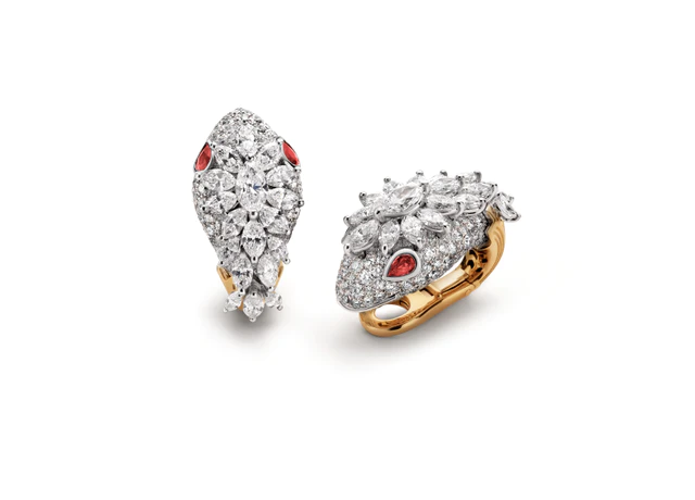 ブルガリ「セルペンティ」イヤリング YG x WG x ルビー x DIA