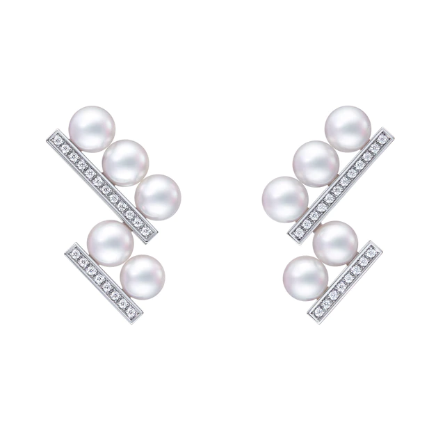TASAKI バランス ステップ ネオ ダイヤモンド パヴェ イヤリング［18K WG. あこや真珠, ダイヤモンド］