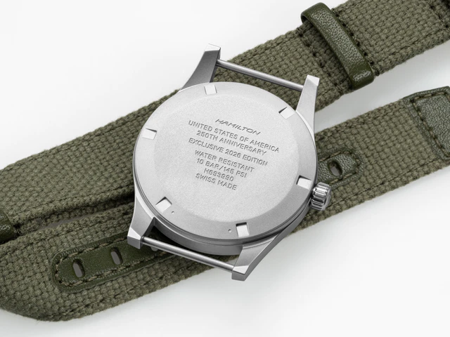 ハミルトン 「カーキ フィールド メカ 36mm ジャパン エディション」裏蓋にはアメリカ建国250周年モデルの刻印