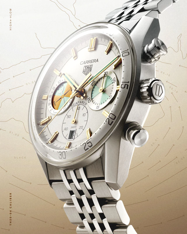 7列ブレスレットとベージュストラップ、タグ・ホイヤー カレラ クロノグラフ シーファーラーが示すツールウォッチの現在形