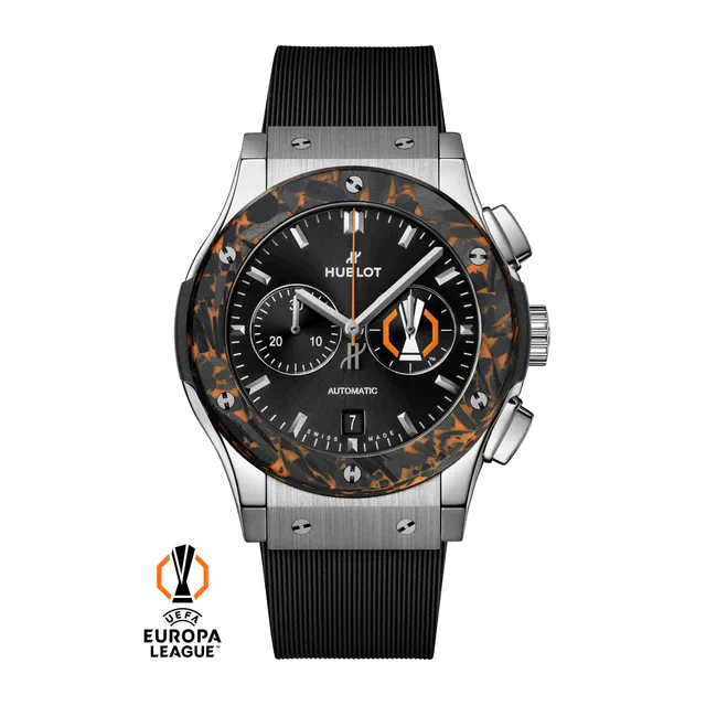 ウブロ 新作「クラシック・フュージョン クロノグラフ UEFA ヨーロッパリーグ チタニウム カーボン」ブラックとオレンジが彩る50本限定モデル