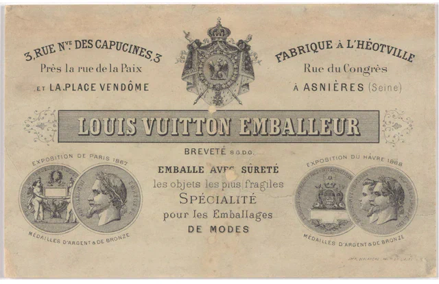 1867年のパリ万博および1868年のル・アーヴル博覧会での受賞を記念して作られた、当時のルイ・ヴィトンのラベル。